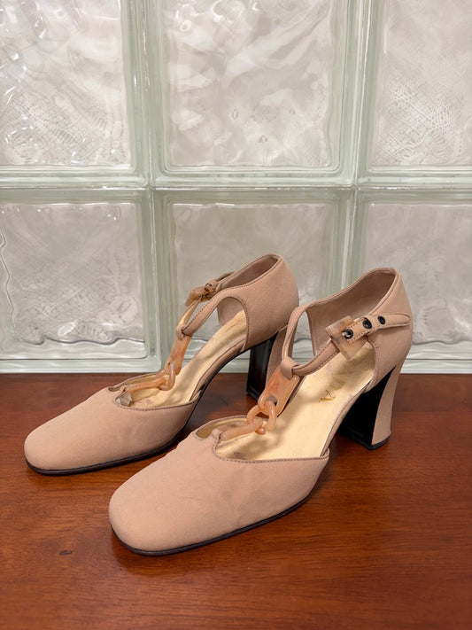 Vintage Prada beige nylon closed toe t-strap heels