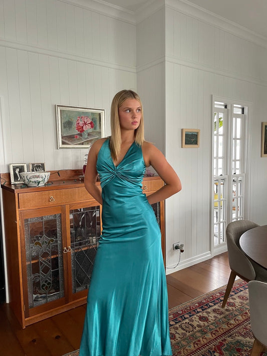 Diana Dress - Vintage y2k teal satin gown with bow