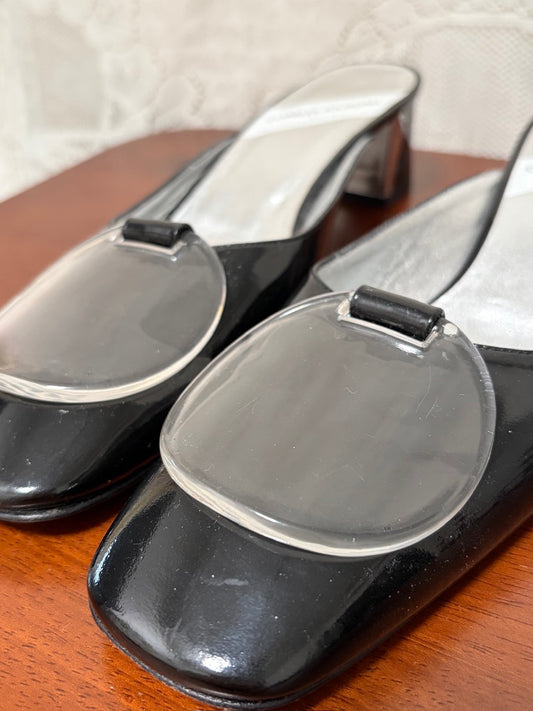 Vintage Charles Jourdan black square toe mule with translucent sphere