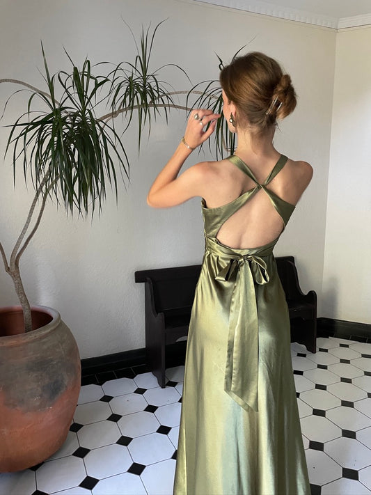 Martini Dress - Vintage 90s olive green satin gown with bow