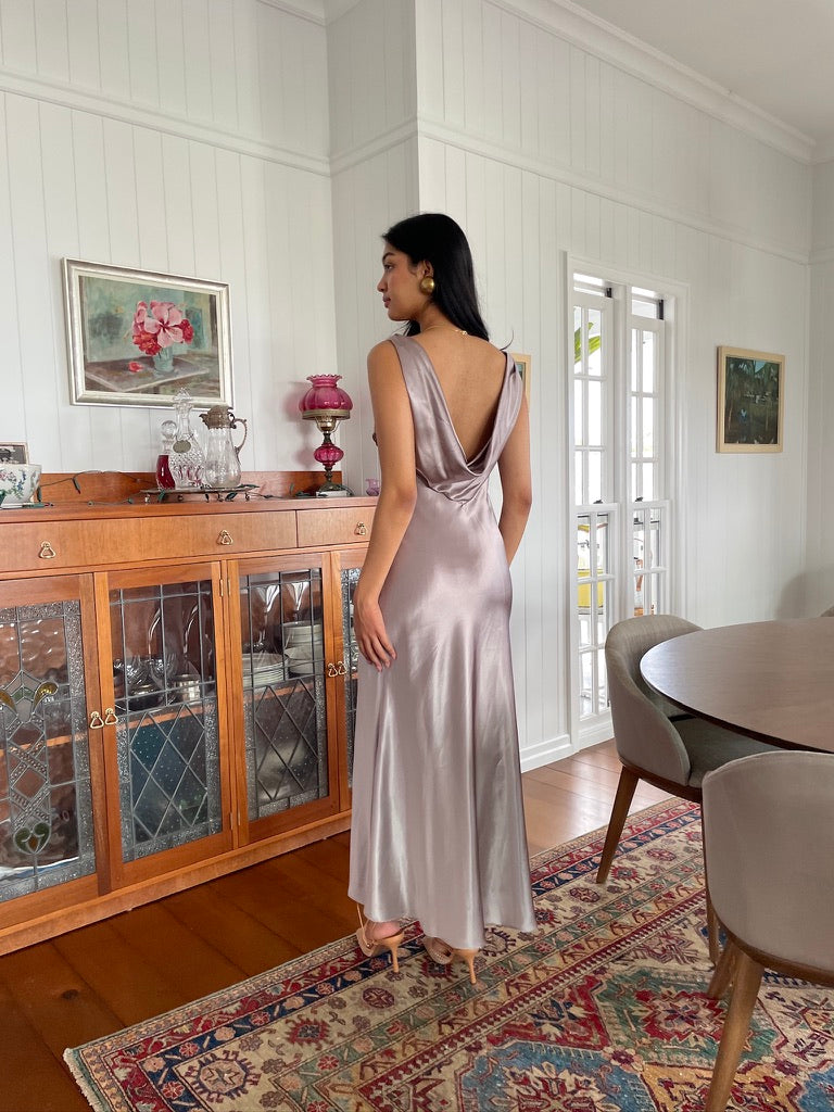 Vintage y2k satin gown with draped back mocha