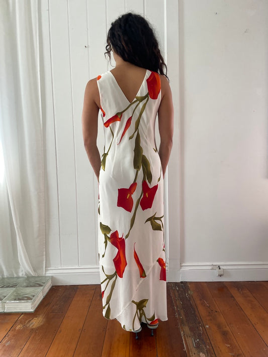 Vintage 90s white Calla Lily print maxi dress