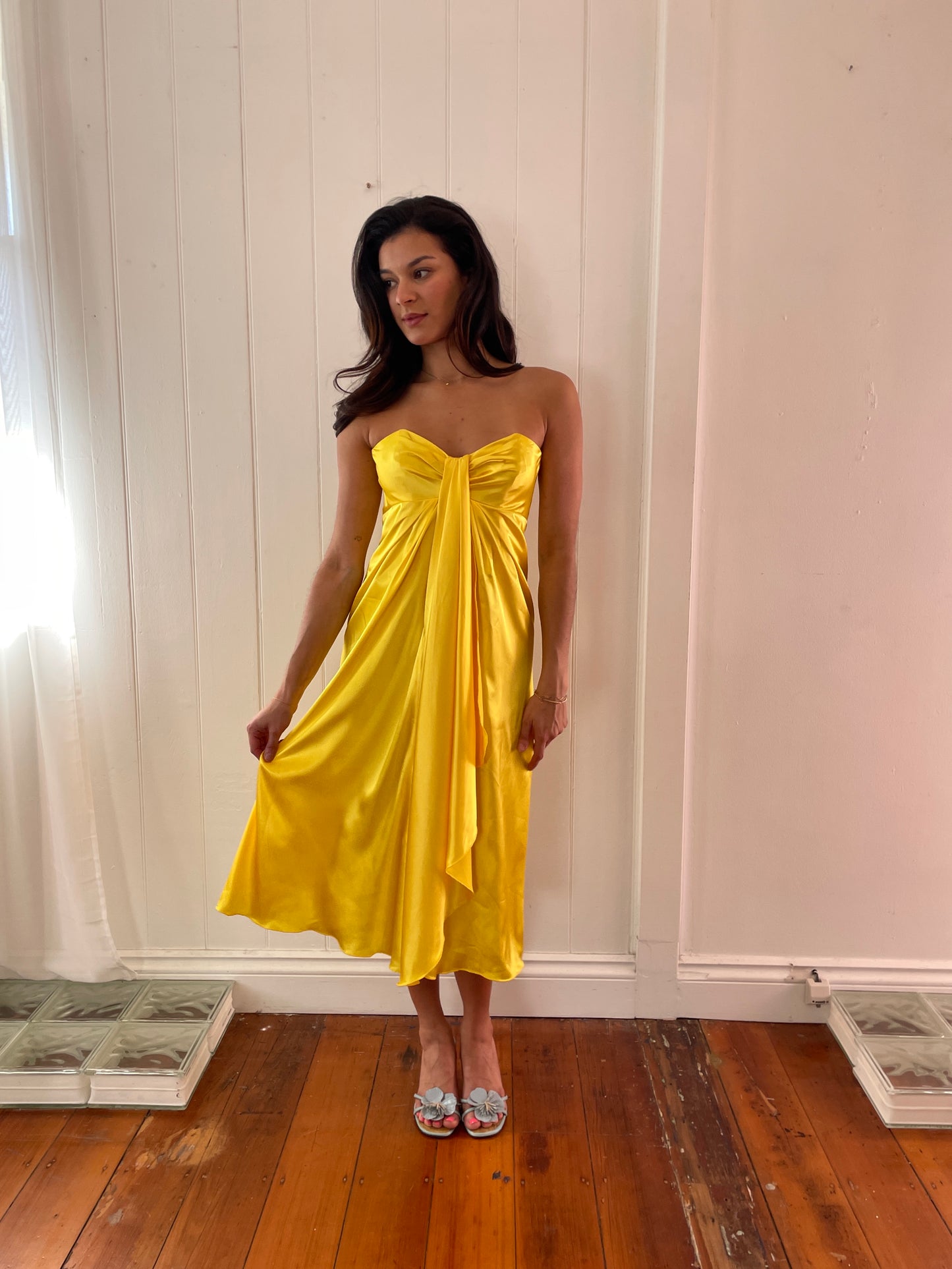 Vintage 90s yellow satin strapless midi dress