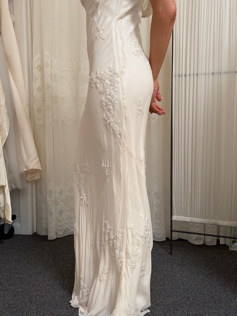 Vintage Y2K Scala silk ivory beaded slip dress with open back