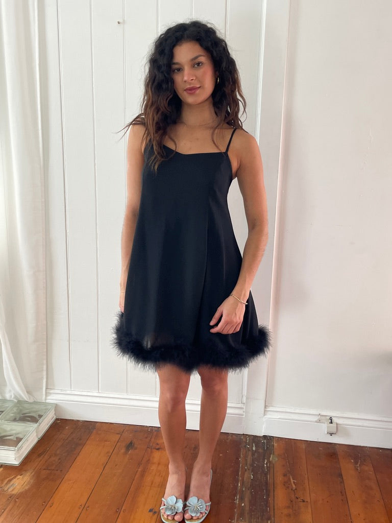 Vintage 90s Japanese black mini dress with ostrich feather trim