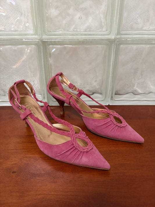 Vintage Loewe pink suede pointed toe heels with braided straps