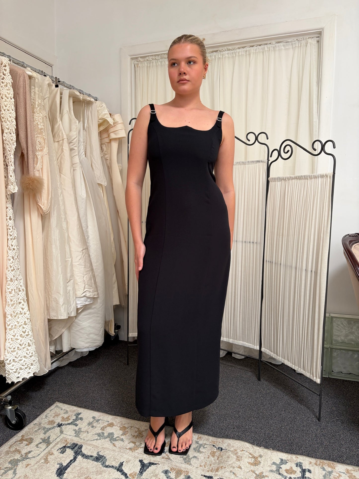 Vintage 90s reverse sweetheart black evening gown with buckles