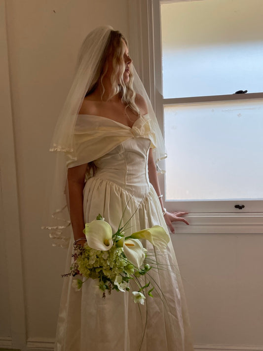 Vintage 90s basque waist cream off shoulder gown with bow