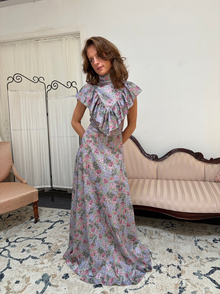 Vintage 70s high neck metallic floral a-line floor length dress