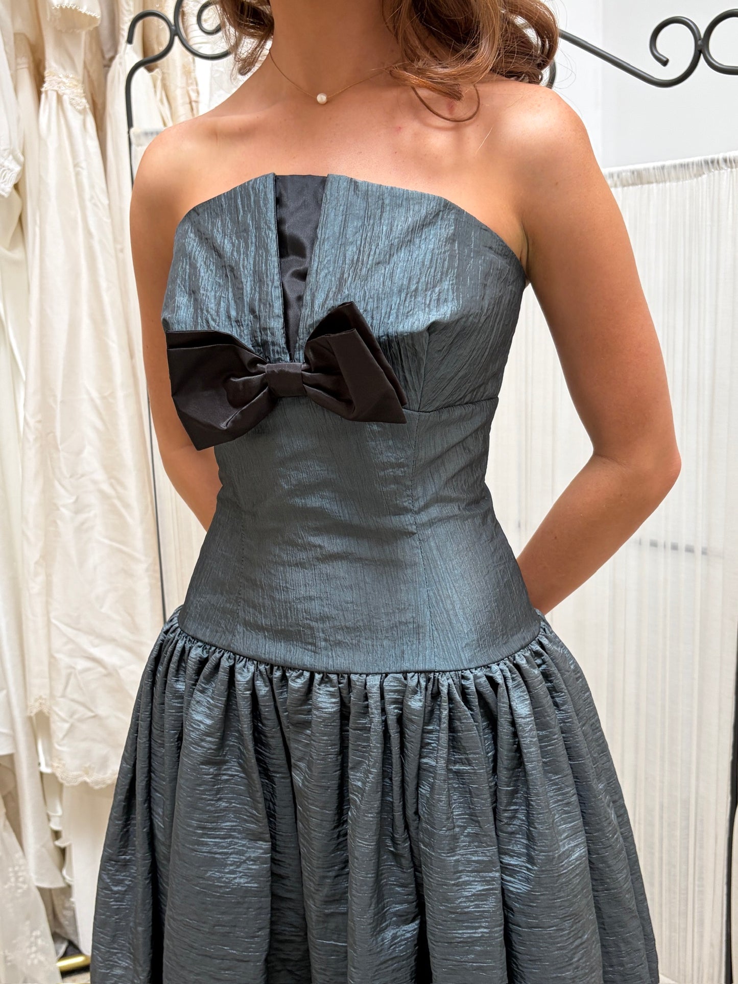 Vintage 80s slate drop waist midi dress with bow