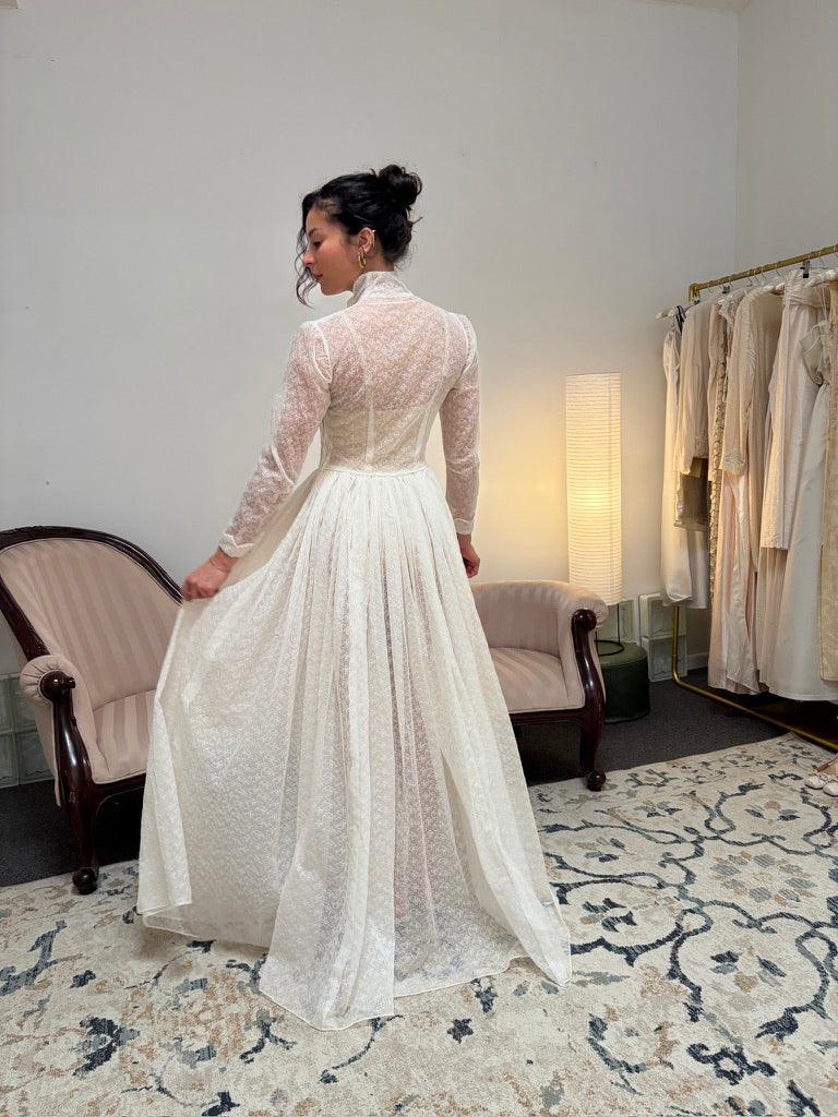 Vintage 60s long sleeve semi sheer lace high neck wedding gown
