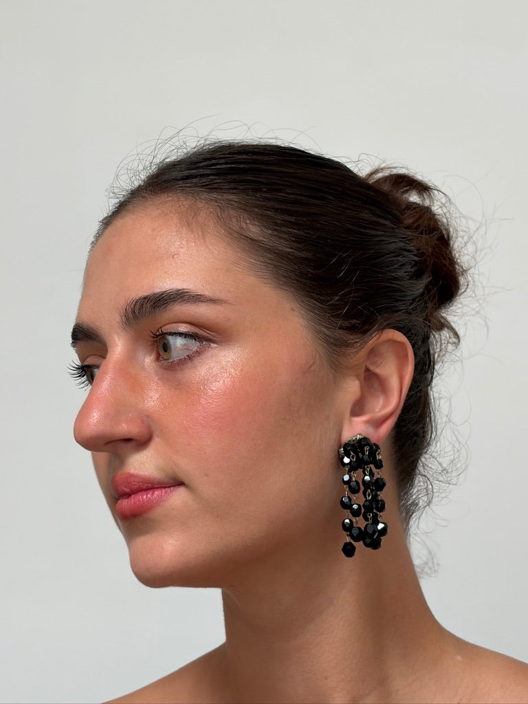 Vintage 80s black beaded dangle clip on earrings