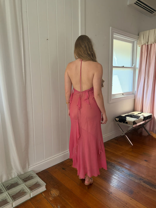 Vintage 1990 Jenny Bannister pink green silk halter maxi dress