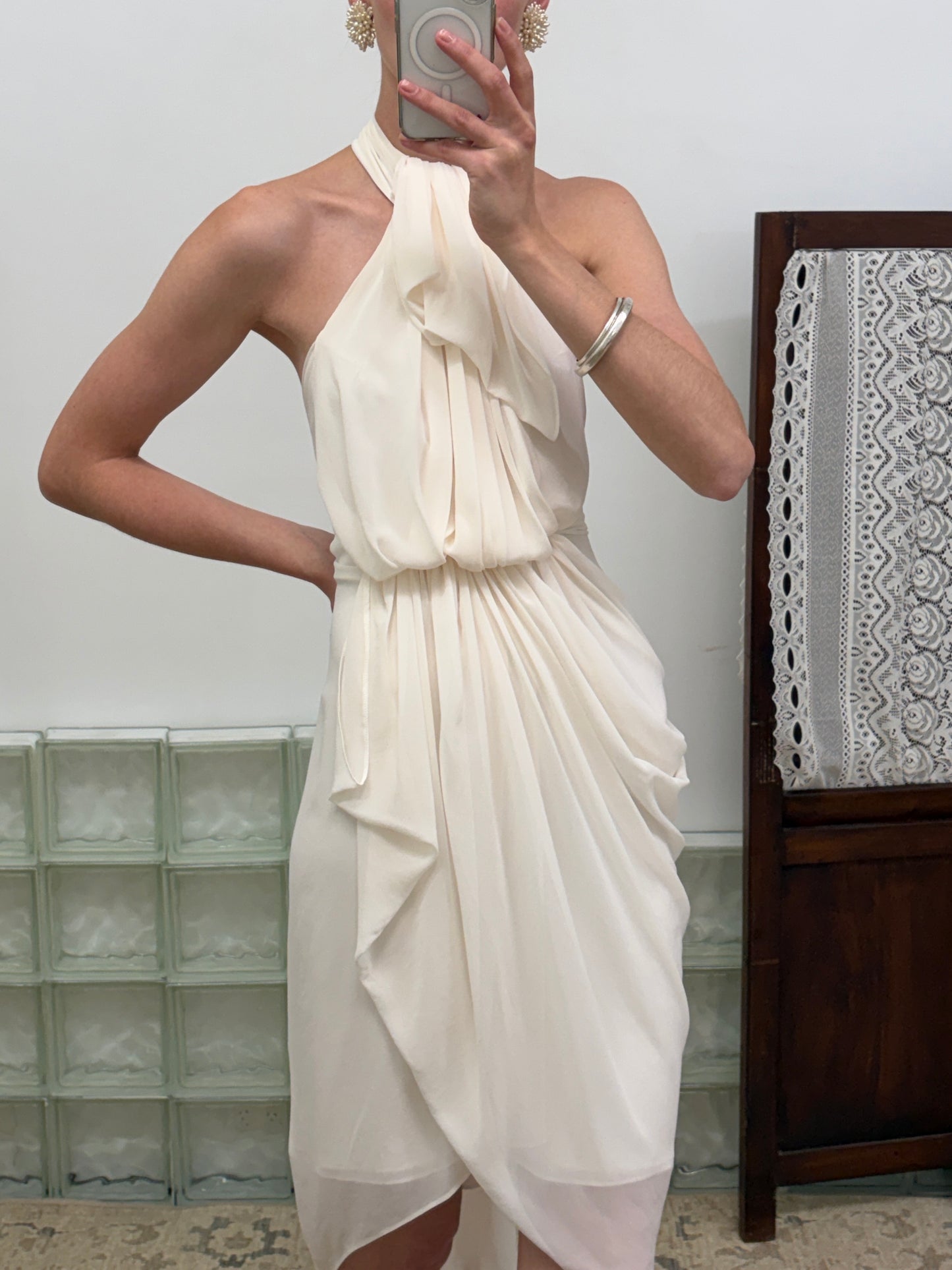 Vintage Y2K ivory draped t-back midi dress