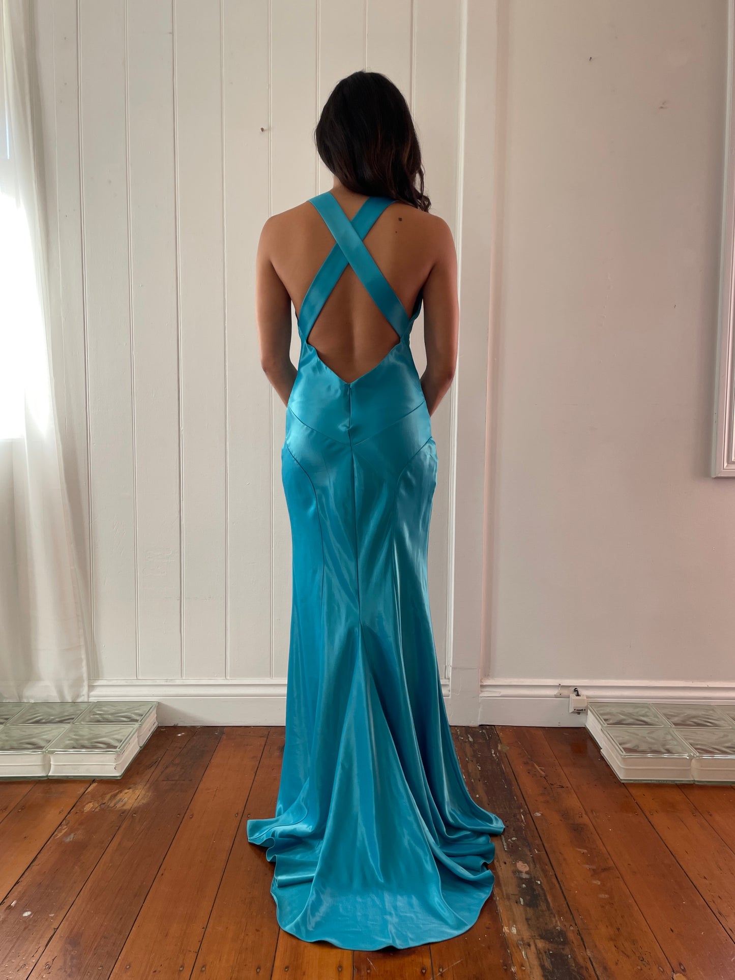 Vintage y2k Ruth Tarvydas aqua blue satin evening gown