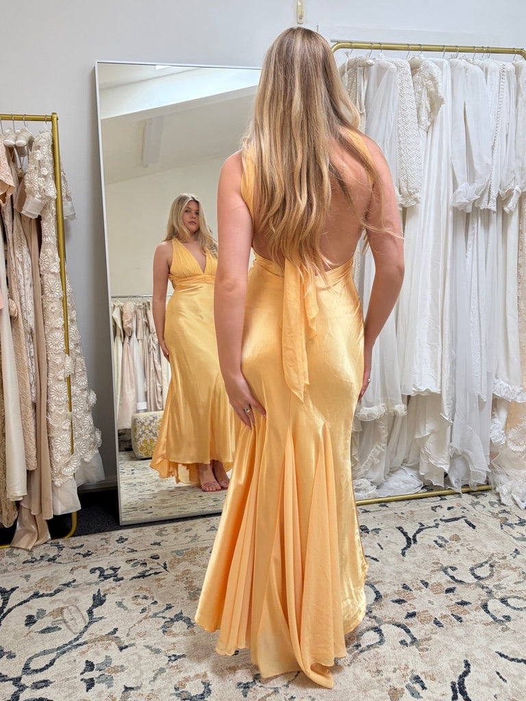 Vintage 00s yellow plunge neck satin open back evening gown with chiffon trim