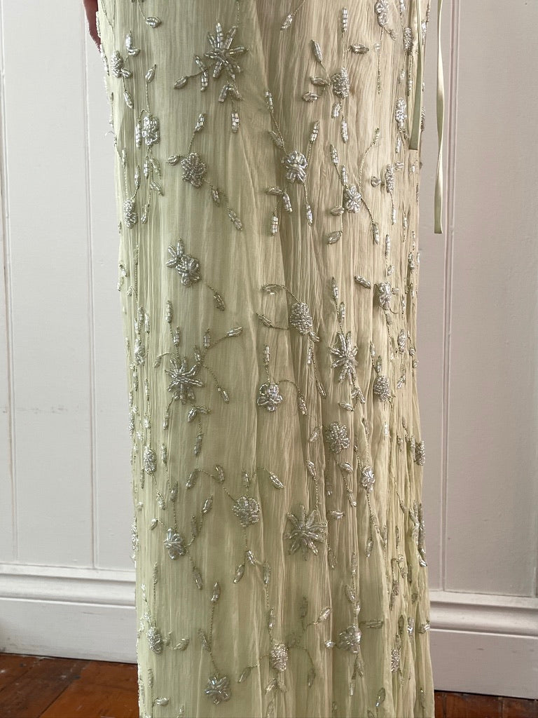 Vintage 90s pistachio green silk beaded evening dress