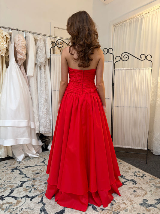 Vintage 80s cherry red strapless drop waist tiered evening gown