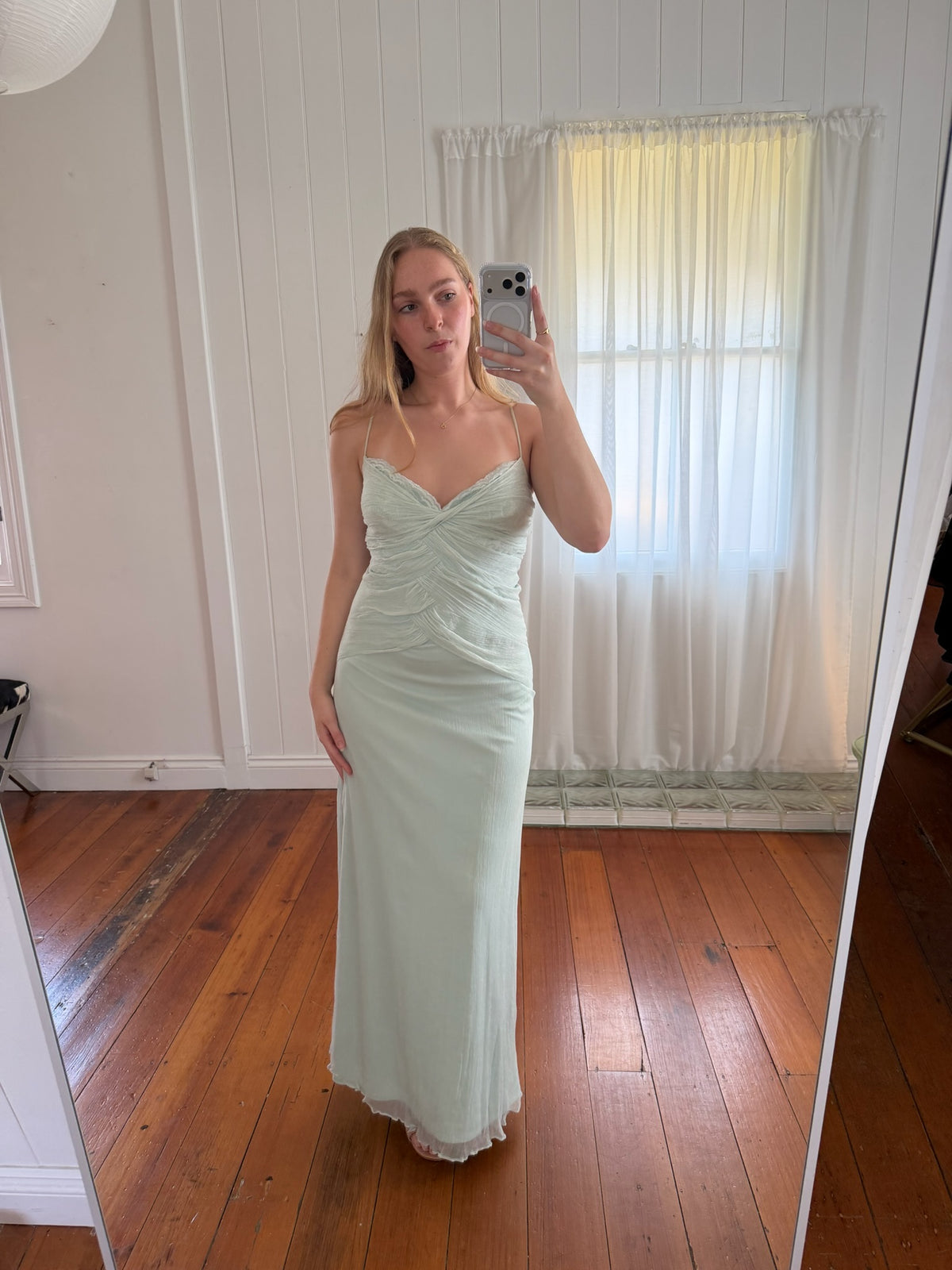Vintage 90s baby blue silk ruched evening dress