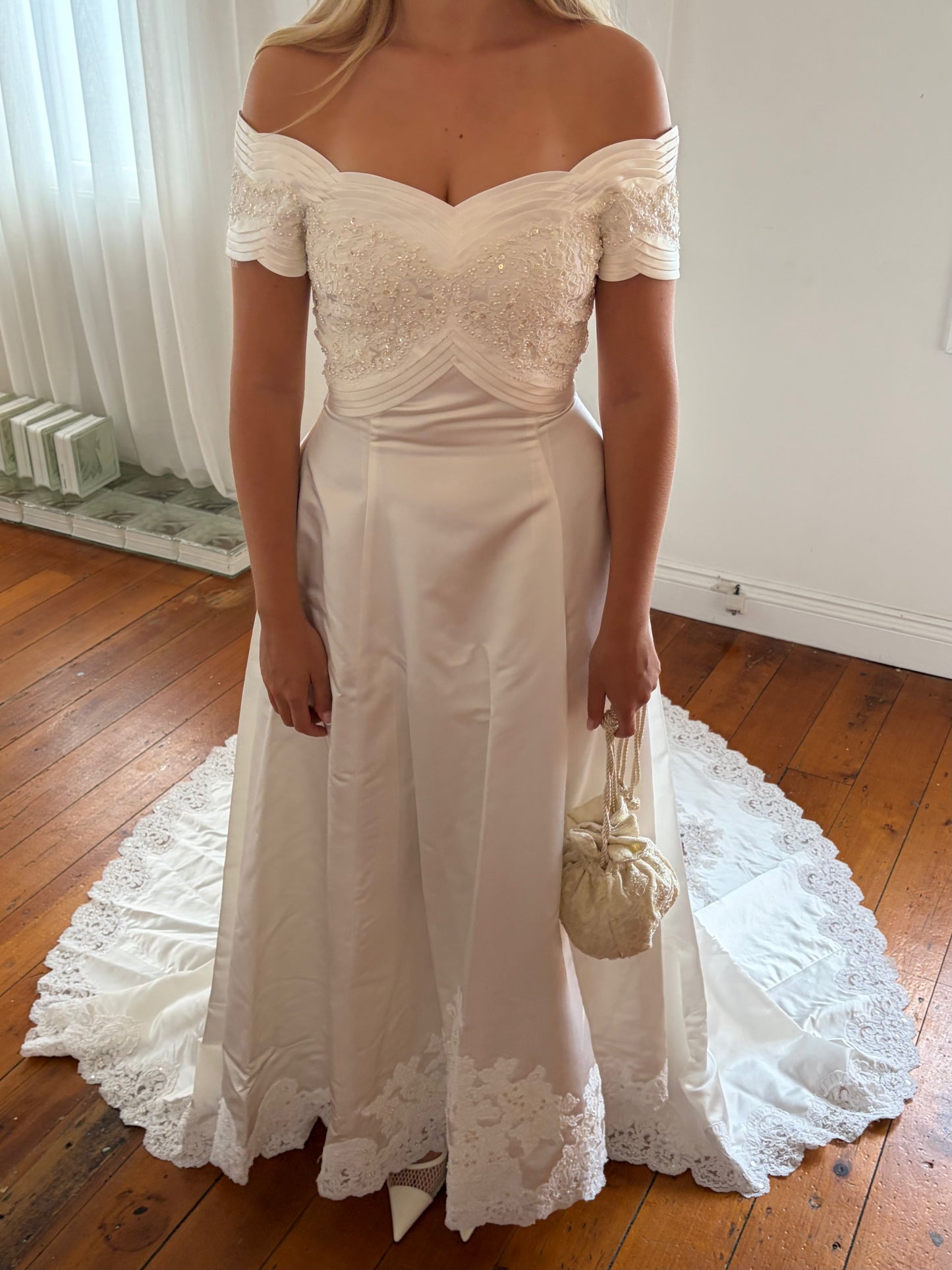 Vintage 90s ivory off shoulder pleated wedding gown with train