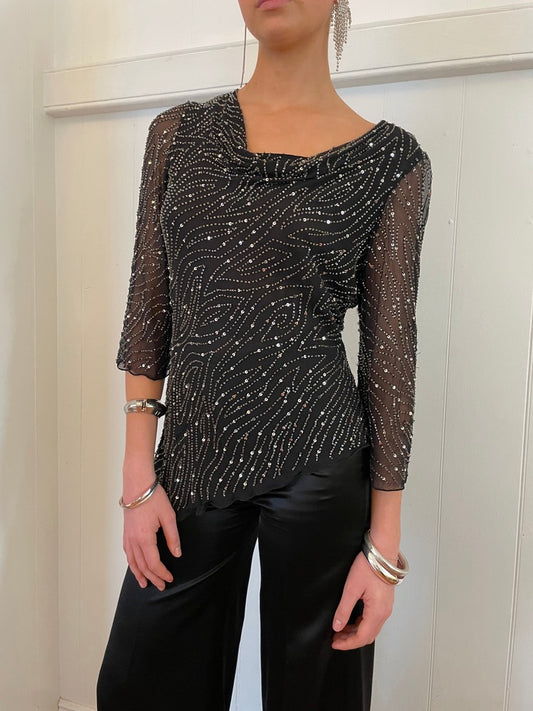 Vintage 90s black asymmetric silk sequinned blouse