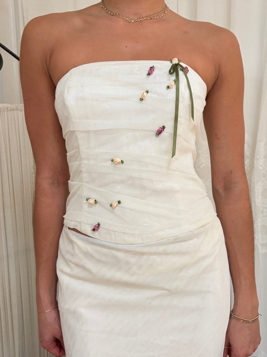 Vintage 90s Ivory corset and maxi skirt set with rosettes