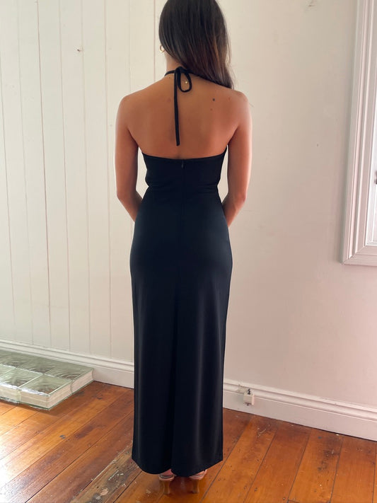 Vintage 90s Pati-Pat Paris black aqua halter neck maxi dress