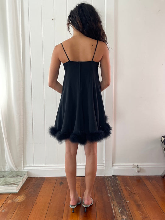 Vintage 90s Japanese black mini dress with ostrich feather trim
