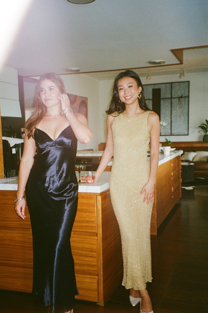 Vintage 90s gold beaded high neck evening dress with open back