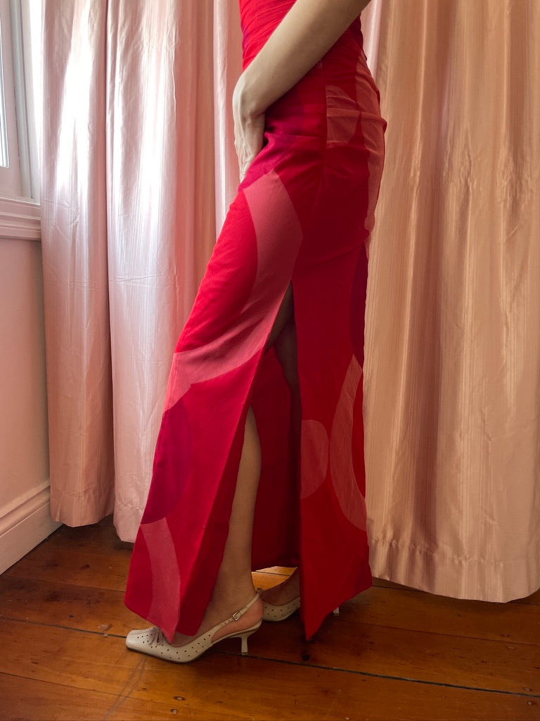 Vintage Y2K Kay Unger strapless gown with printed mesh overlay