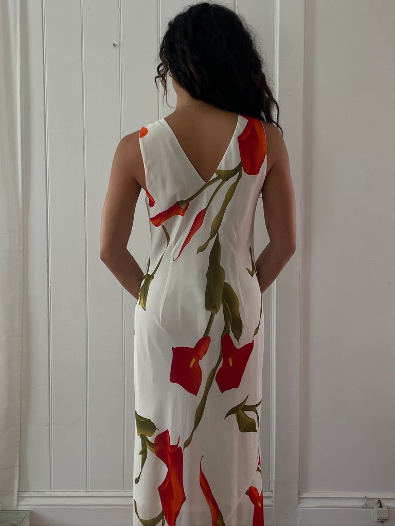 Vintage 90s white Calla Lily print maxi dress