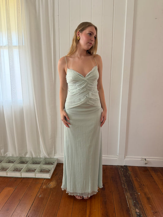 Vintage 90s baby blue silk ruched evening dress