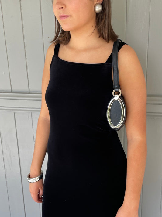 Vintage 90s high neck black velvet midi dress