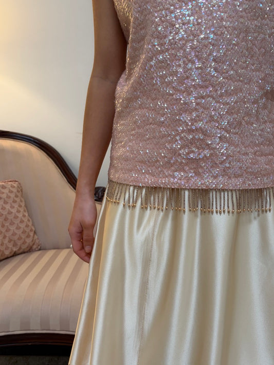 Vintage 60s pastel pink sequinned wool top with gold trim