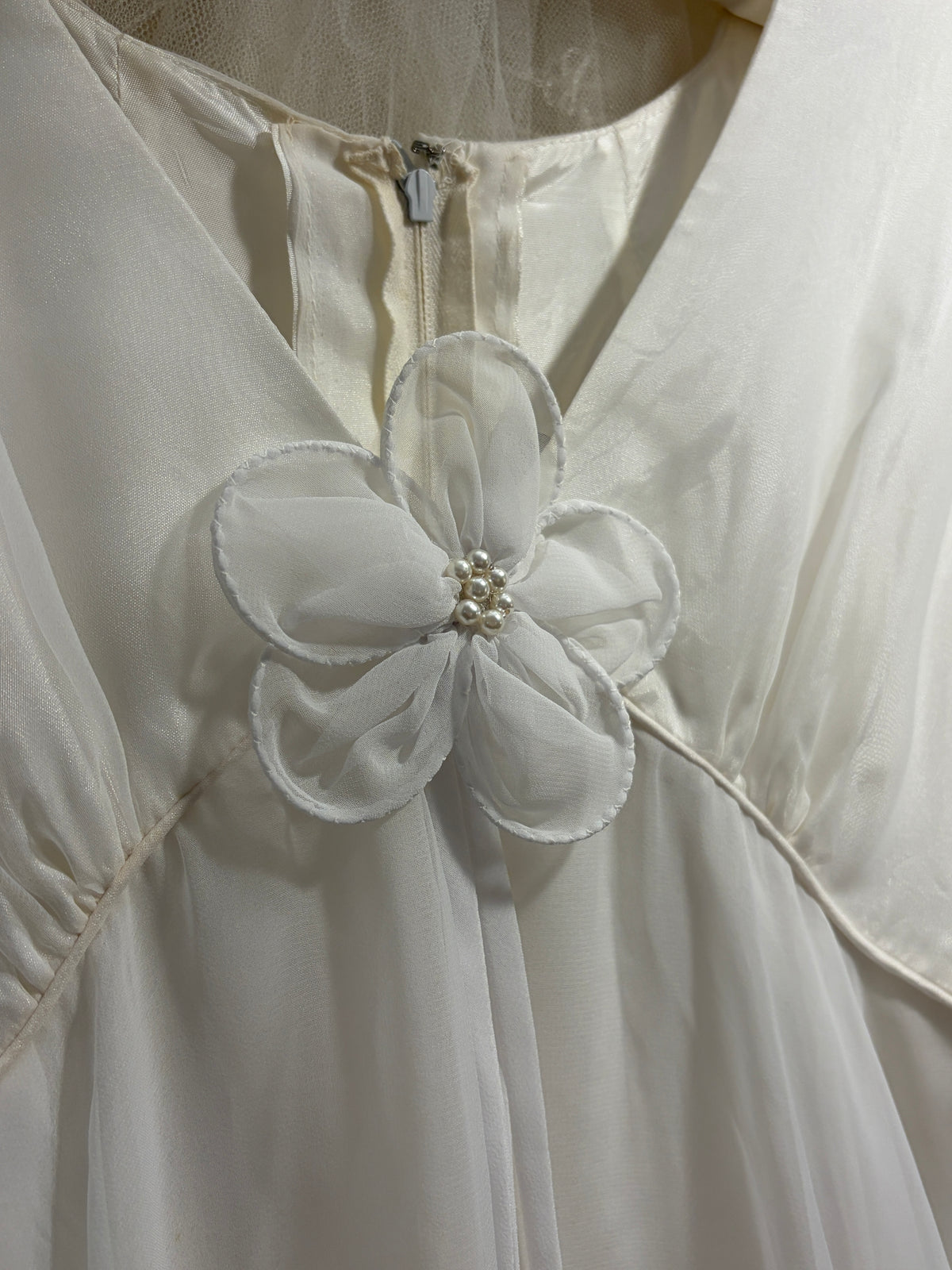 Vintage 70s Margo Prince ethereal ruffled chiffon long sleeve wedding dress with train