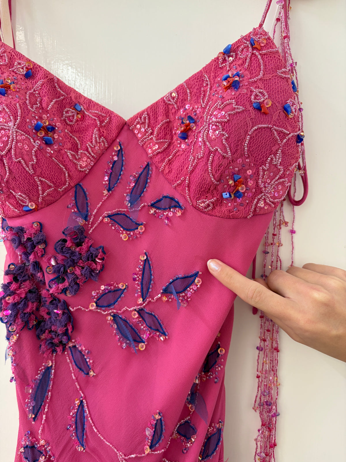 Vintage Y2K pink and purple silk beaded evening dress