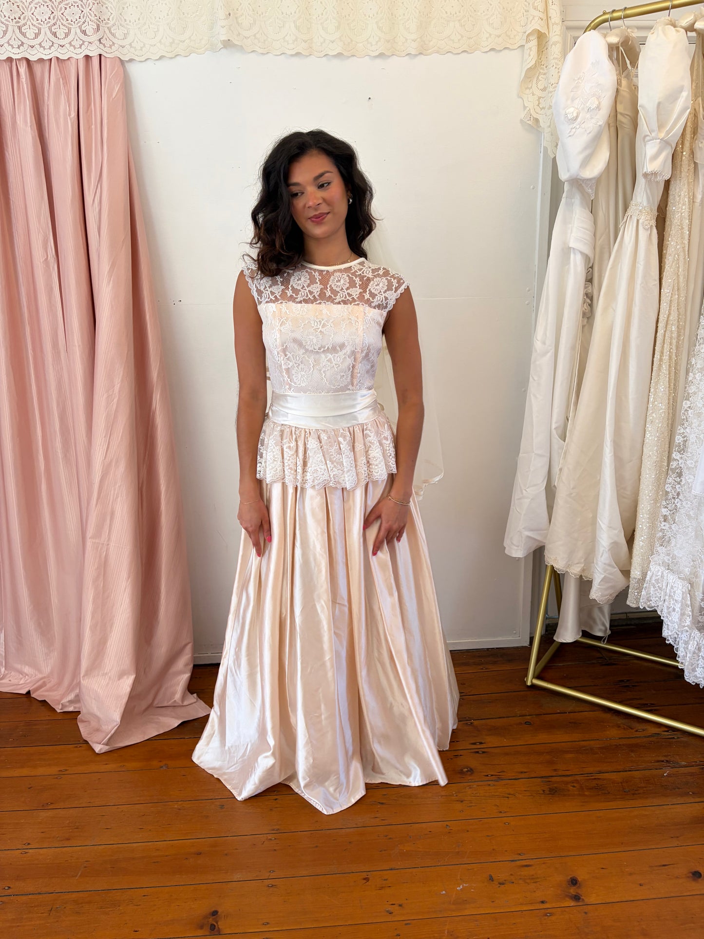Vintage 80s Gunne Sax Baby pink satin gown with white lace trim