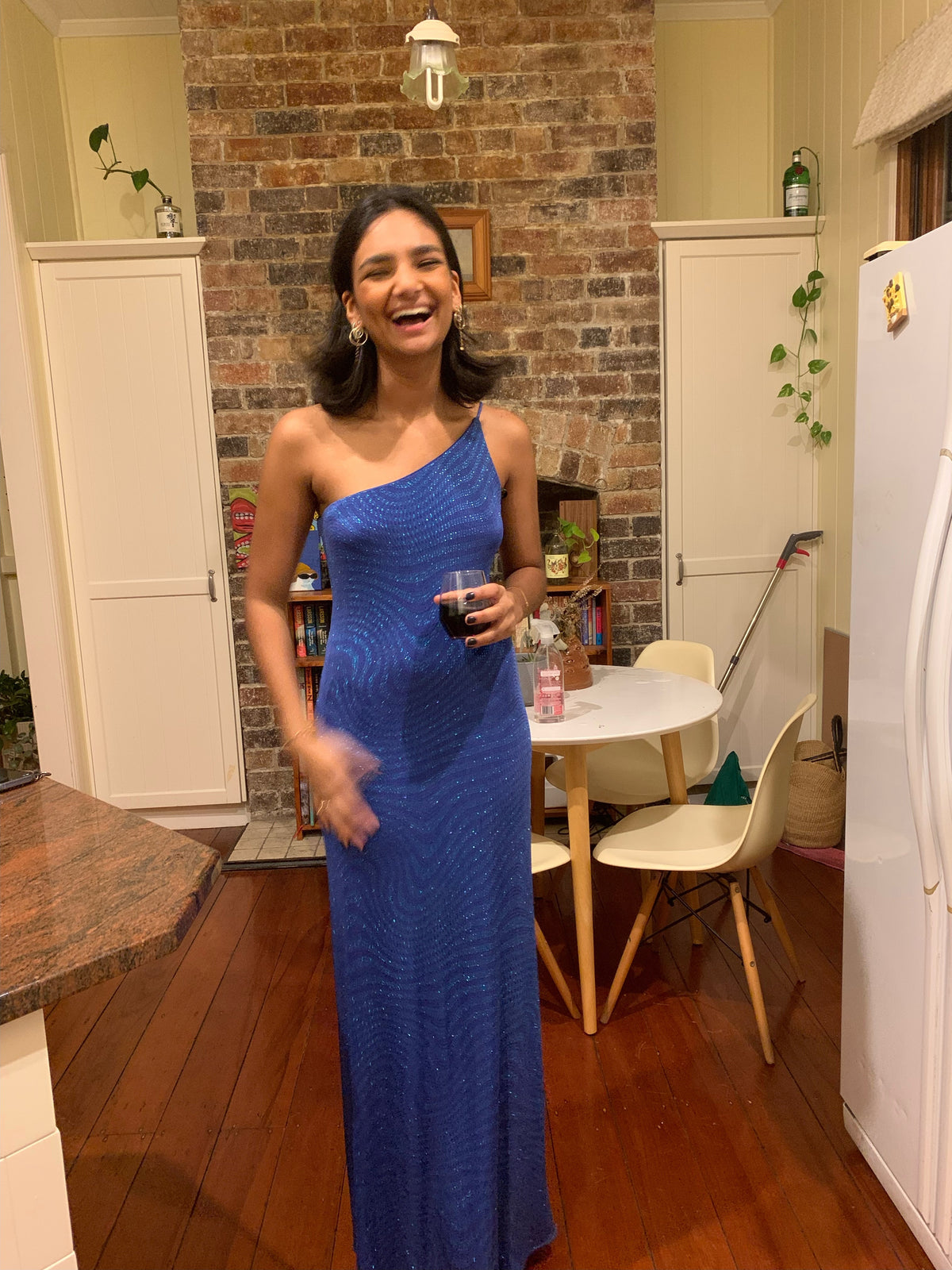Josie Dress - Vintage 90s blue shimmery one shoulder gown