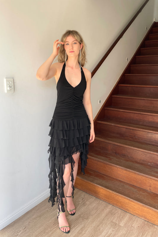 Vintage y2k black asymmetric ruffle halter neck dress