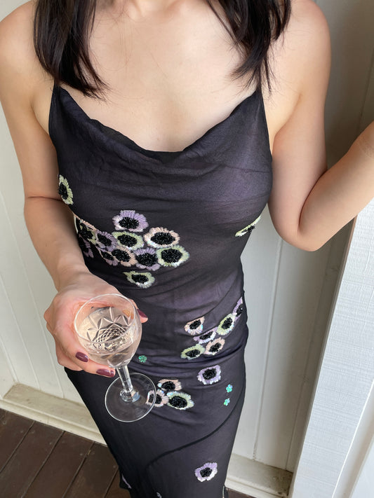 Vintage Y2K silk floral beaded slip dress