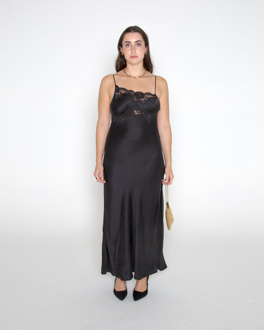 Vintage y2k silk bias cut lace trim slip dress