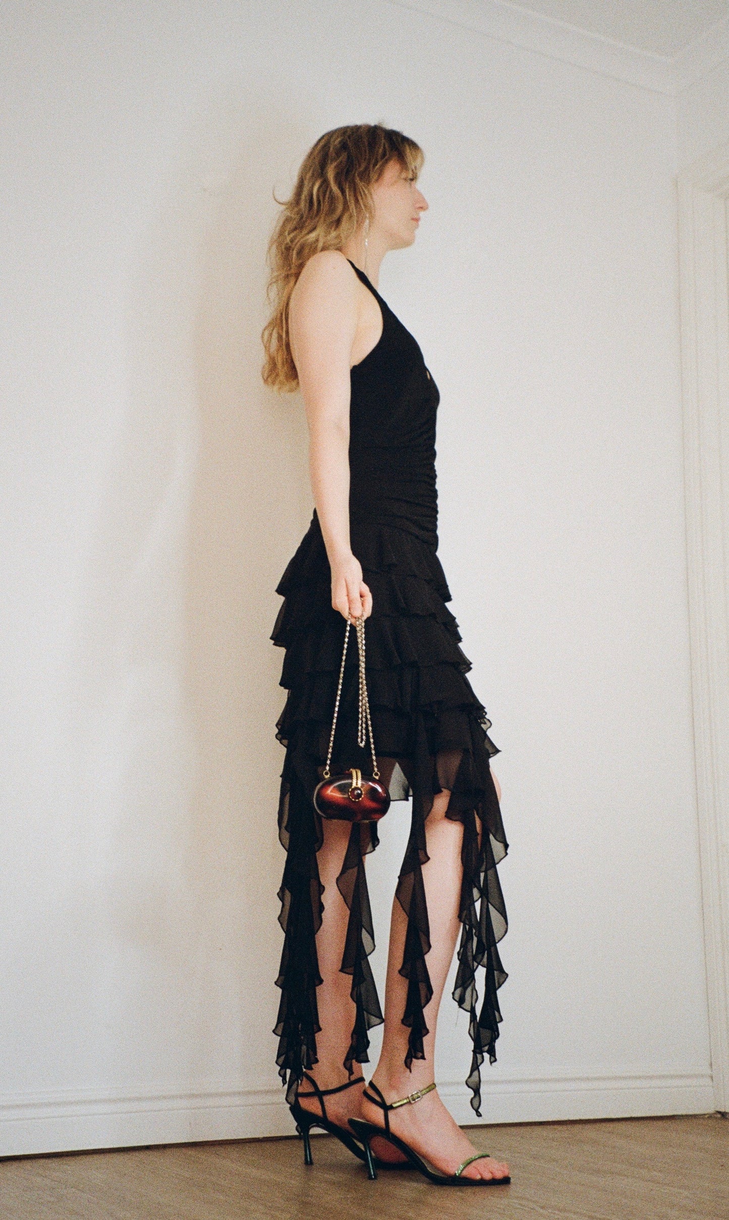 Vintage y2k black asymmetric ruffle halter neck dress