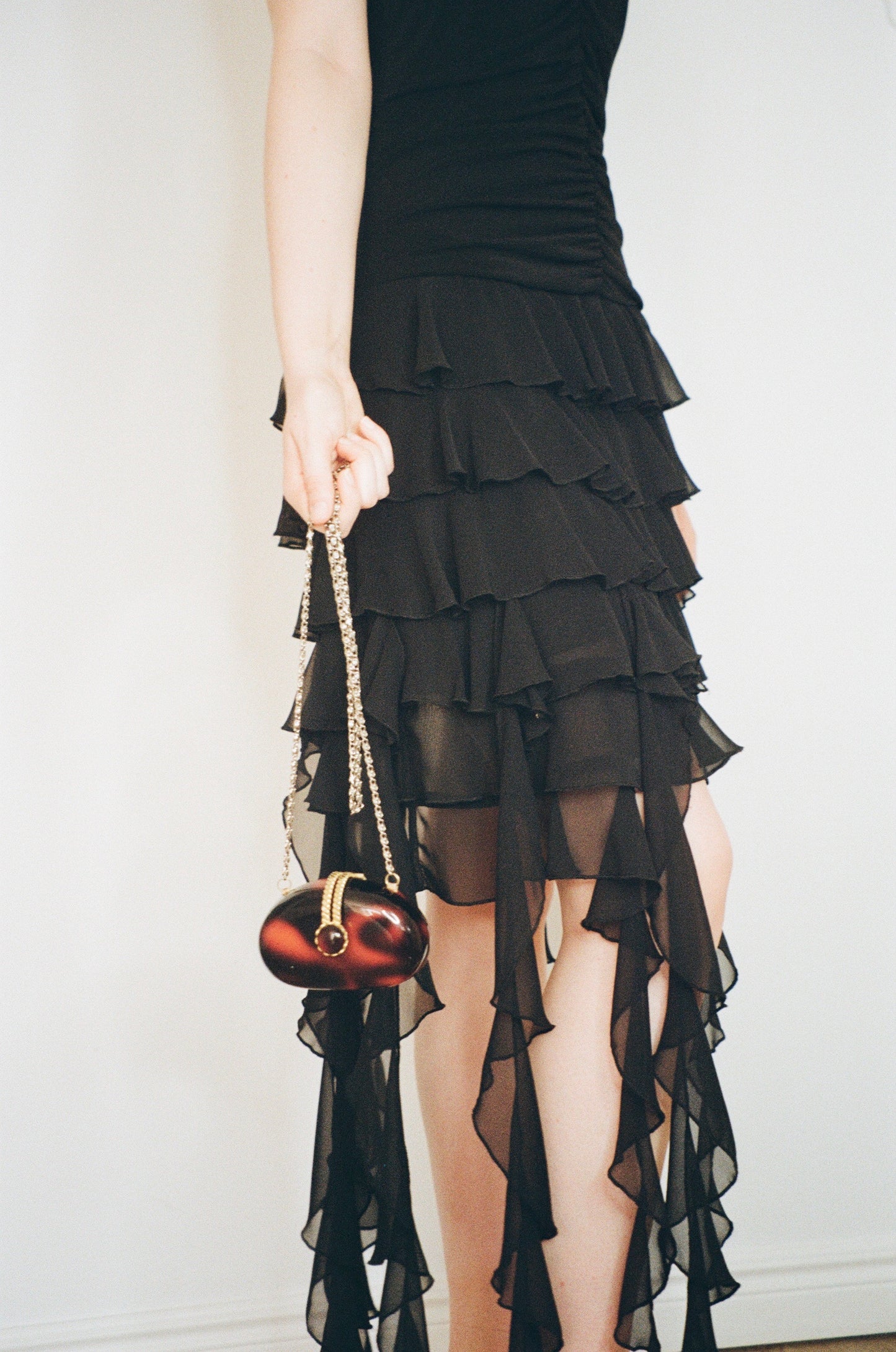 Vintage y2k black asymmetric ruffle halter neck dress