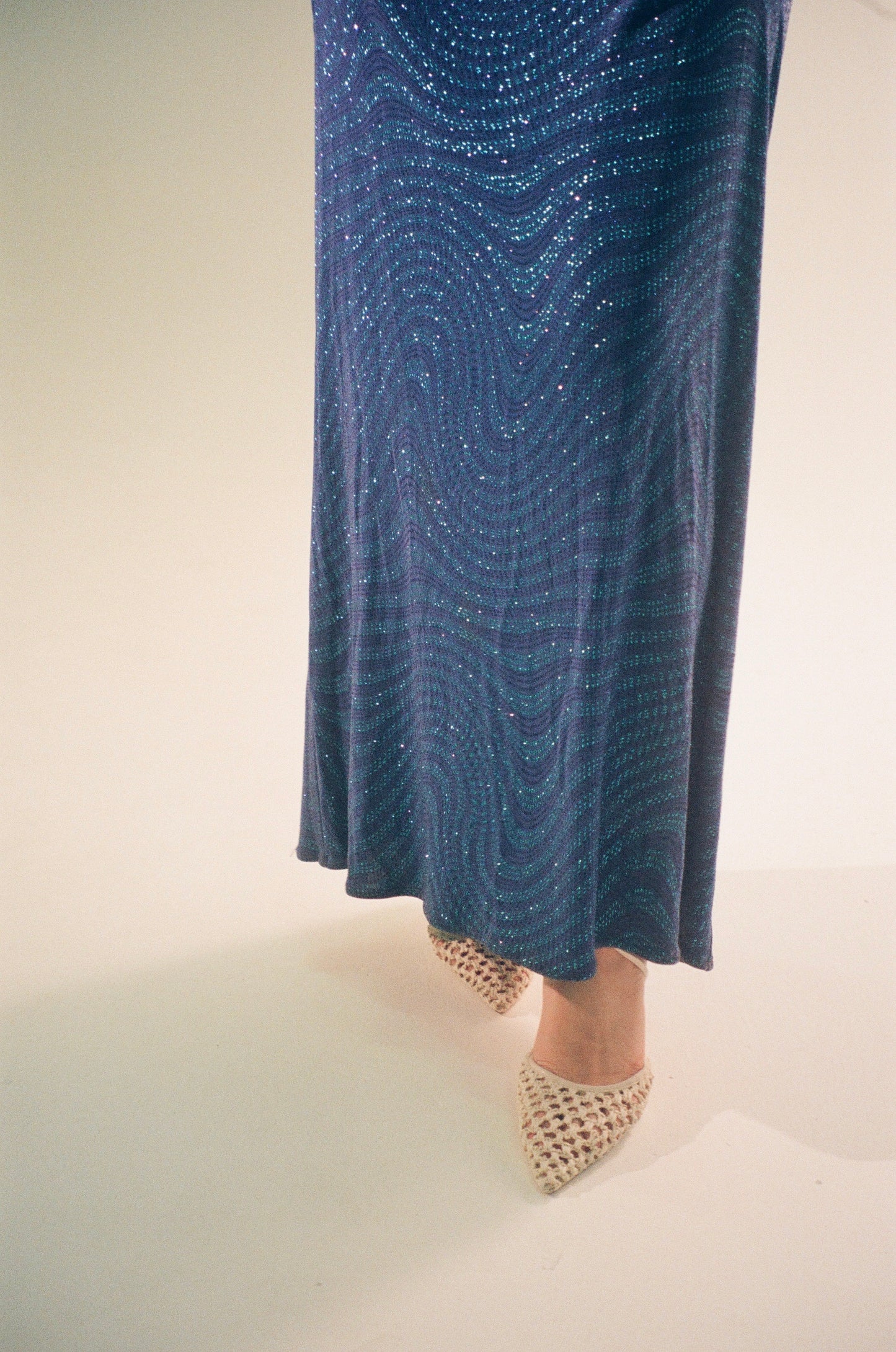 Josie Dress - Vintage 90s blue shimmery one shoulder gown