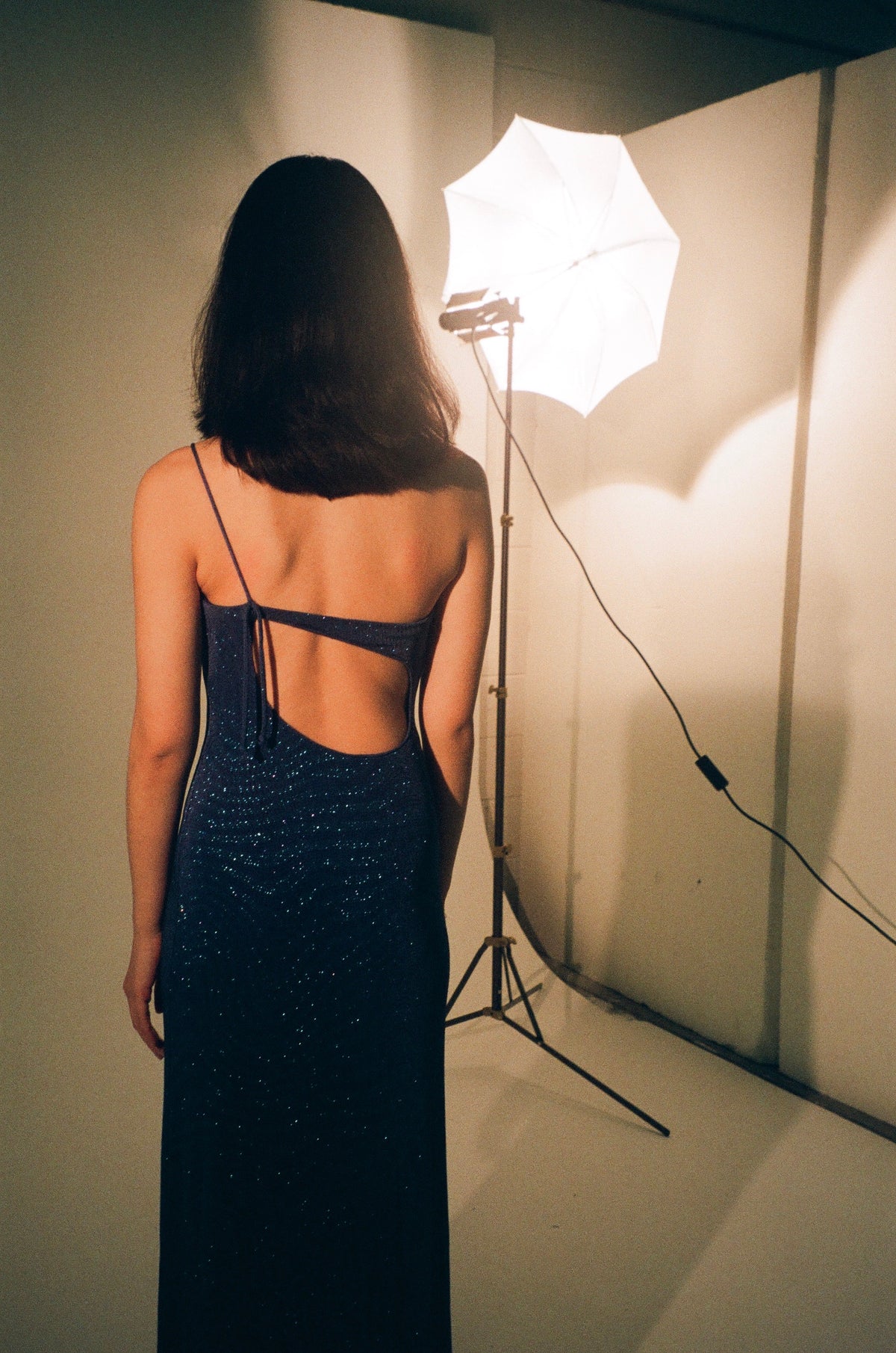 Josie Dress - Vintage 90s blue shimmery one shoulder gown