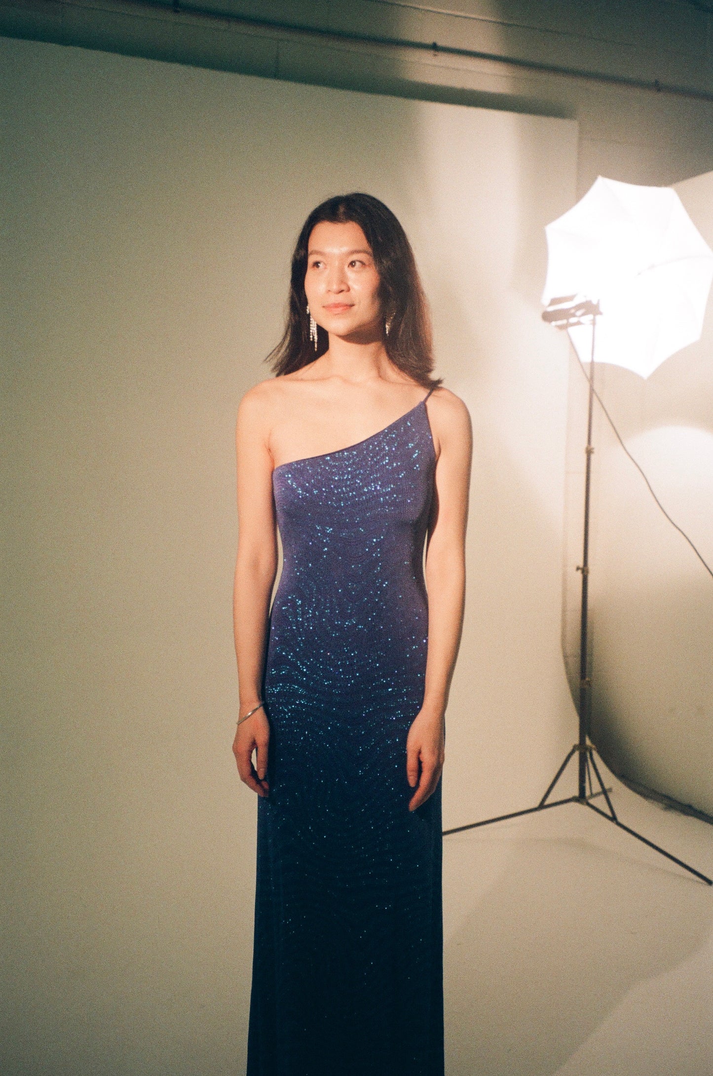 Josie Dress - Vintage 90s blue shimmery one shoulder gown