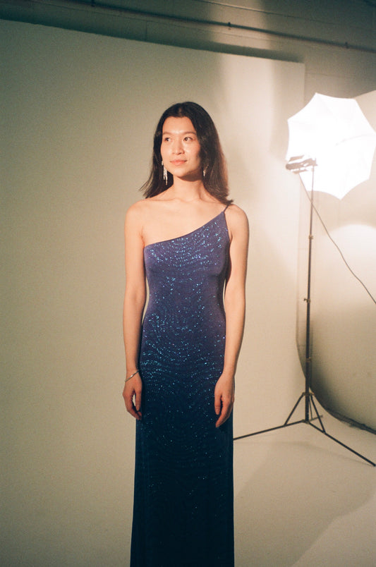 Josie Dress - Vintage 90s blue shimmery one shoulder gown