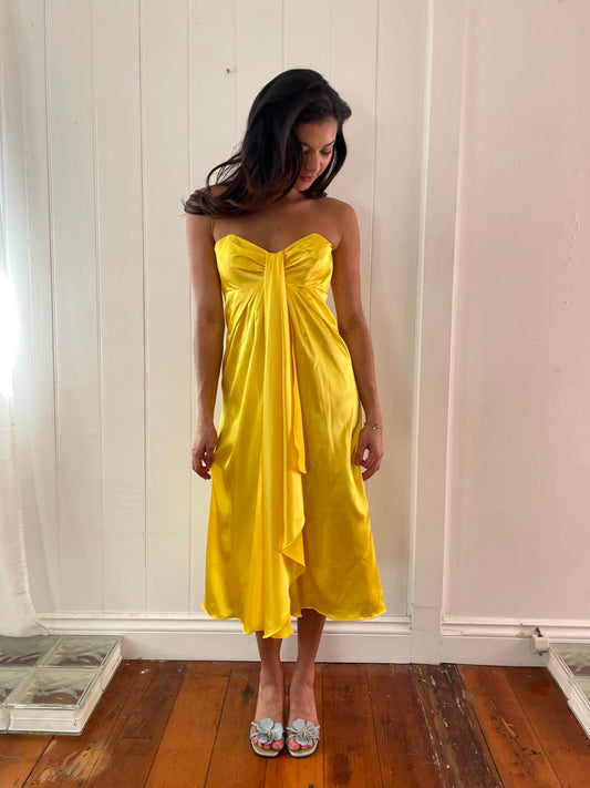 Vintage 90s yellow satin strapless midi dress