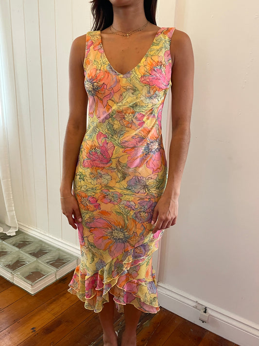 Vintage 90s yellow floral watercolour midi dress