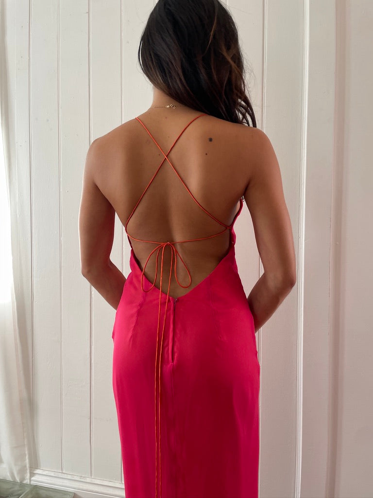 Vintage 90s pink orange high low backless dress